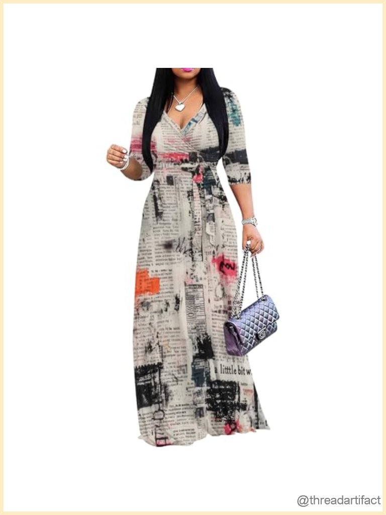 Pinkpatty Women's Print Maxi Dress 3/4 Sleeve V Neck Wrap Tie Waist Flowy Long